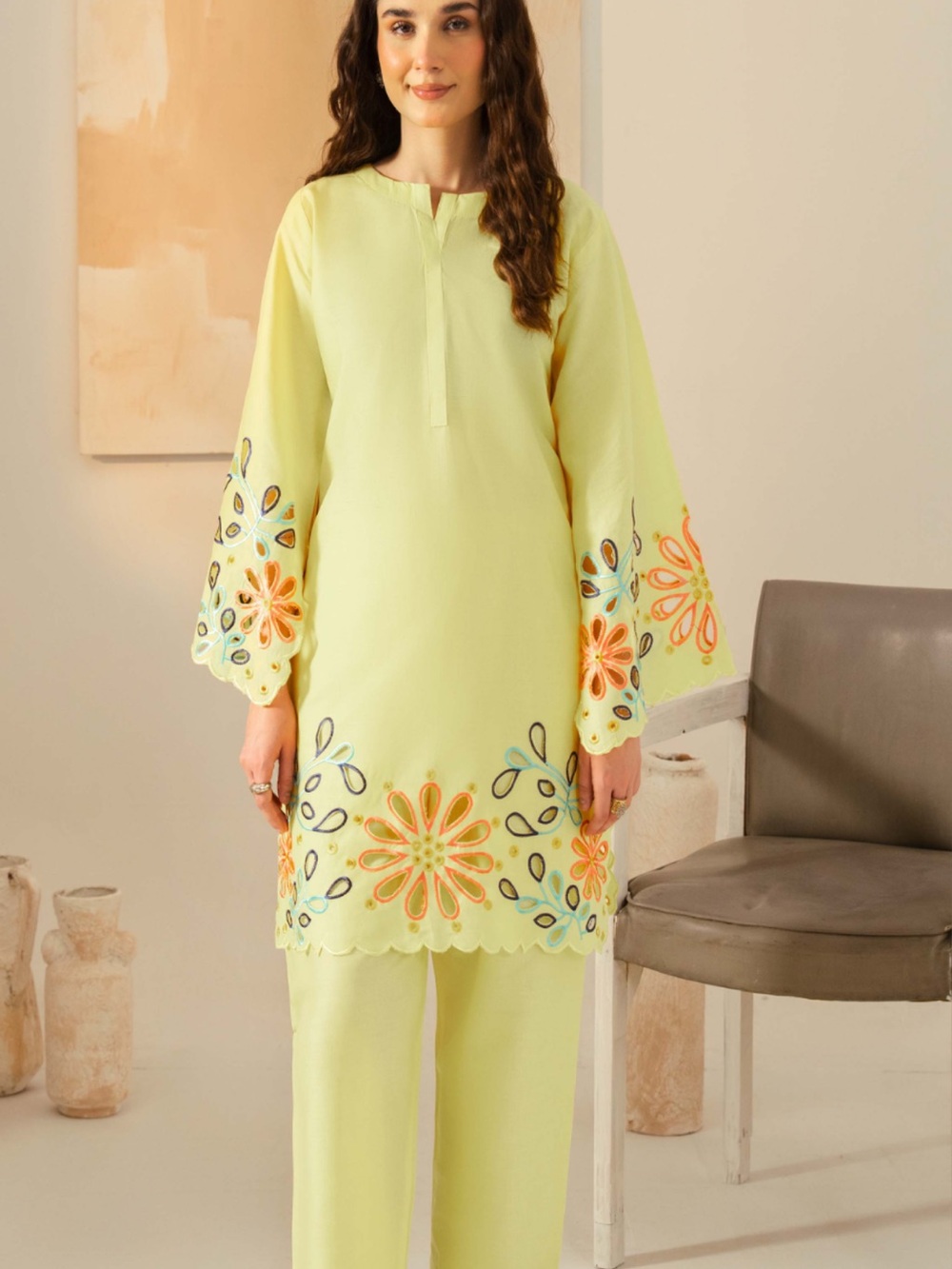 Pakistani outfit- Pale Yellow Floral Embroidered co-ord Set
